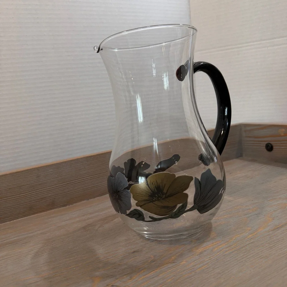 Vintage Arcoroc Hand Blown Glass Pitcher Black Handle Floral Charcoal Olive Gold